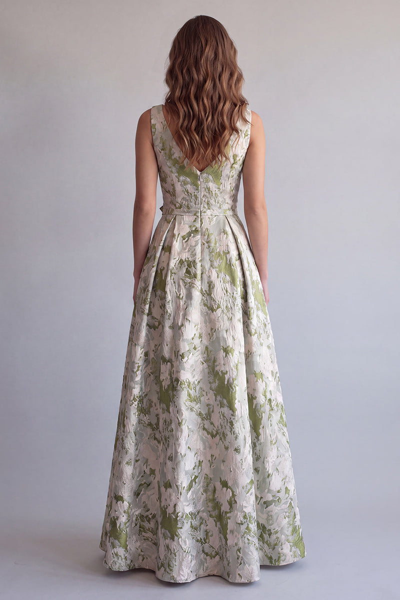 Load image into Gallery viewer, Light Green V-Neck A Line Jacquard Long Formal Dress with 3D Flowers