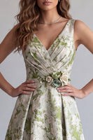 Load image into Gallery viewer, Light Green V-Neck A Line Jacquard Long Formal Dress with 3D Flowers