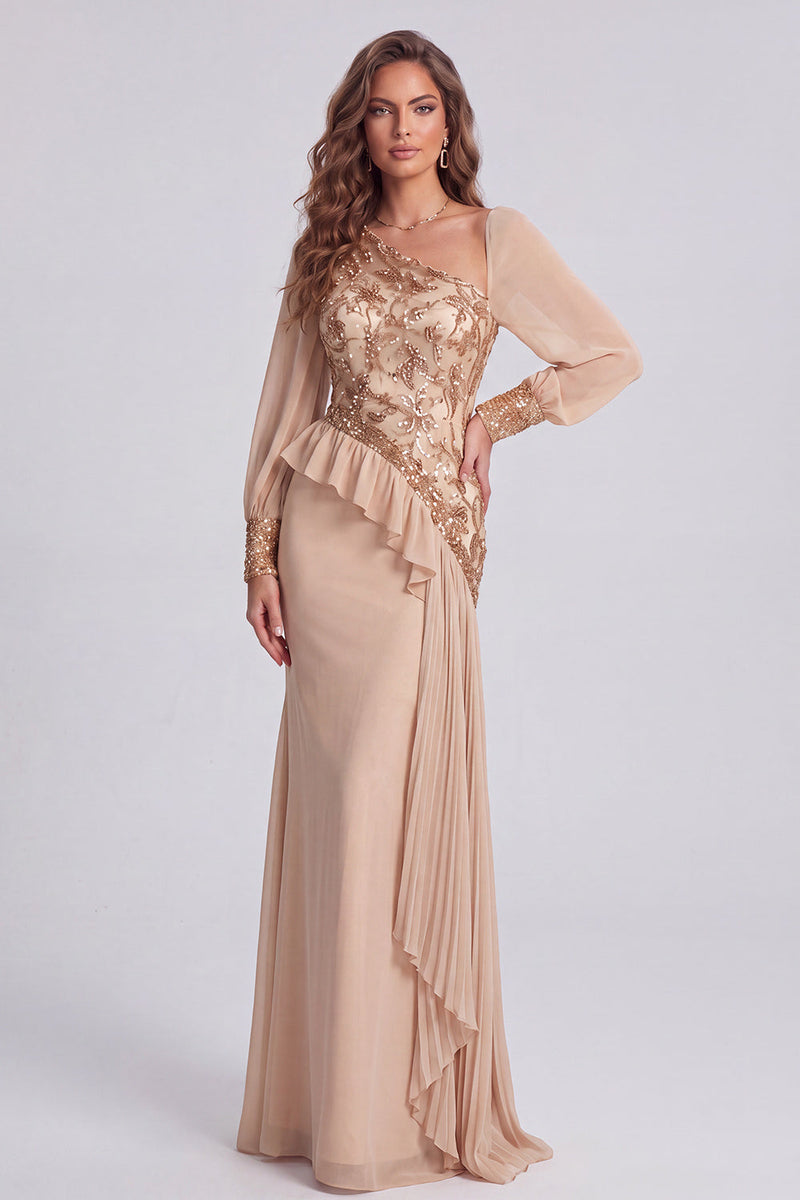 Load image into Gallery viewer, Sparkly Champagne Mermaid Long Sleeves Formal Dress with Sequins
