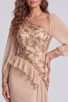 Load image into Gallery viewer, Sparkly Champagne Mermaid Long Sleeves Formal Dress with Sequins