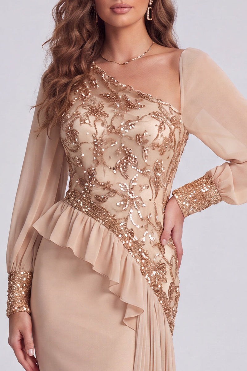 Load image into Gallery viewer, Sparkly Champagne Mermaid Long Sleeves Formal Dress with Sequins
