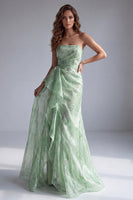 Load image into Gallery viewer, Floral Green Ruffled Mermaid Ruched Strapless Long Formal Dress