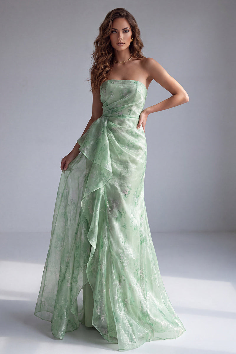 Load image into Gallery viewer, Floral Green Ruffled Mermaid Ruched Strapless Long Formal Dress