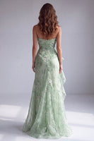 Load image into Gallery viewer, Floral Green Ruffled Mermaid Ruched Strapless Long Formal Dress