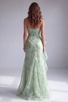 Floral Green Ruffled Mermaid Ruched Strapless Long Formal Dress