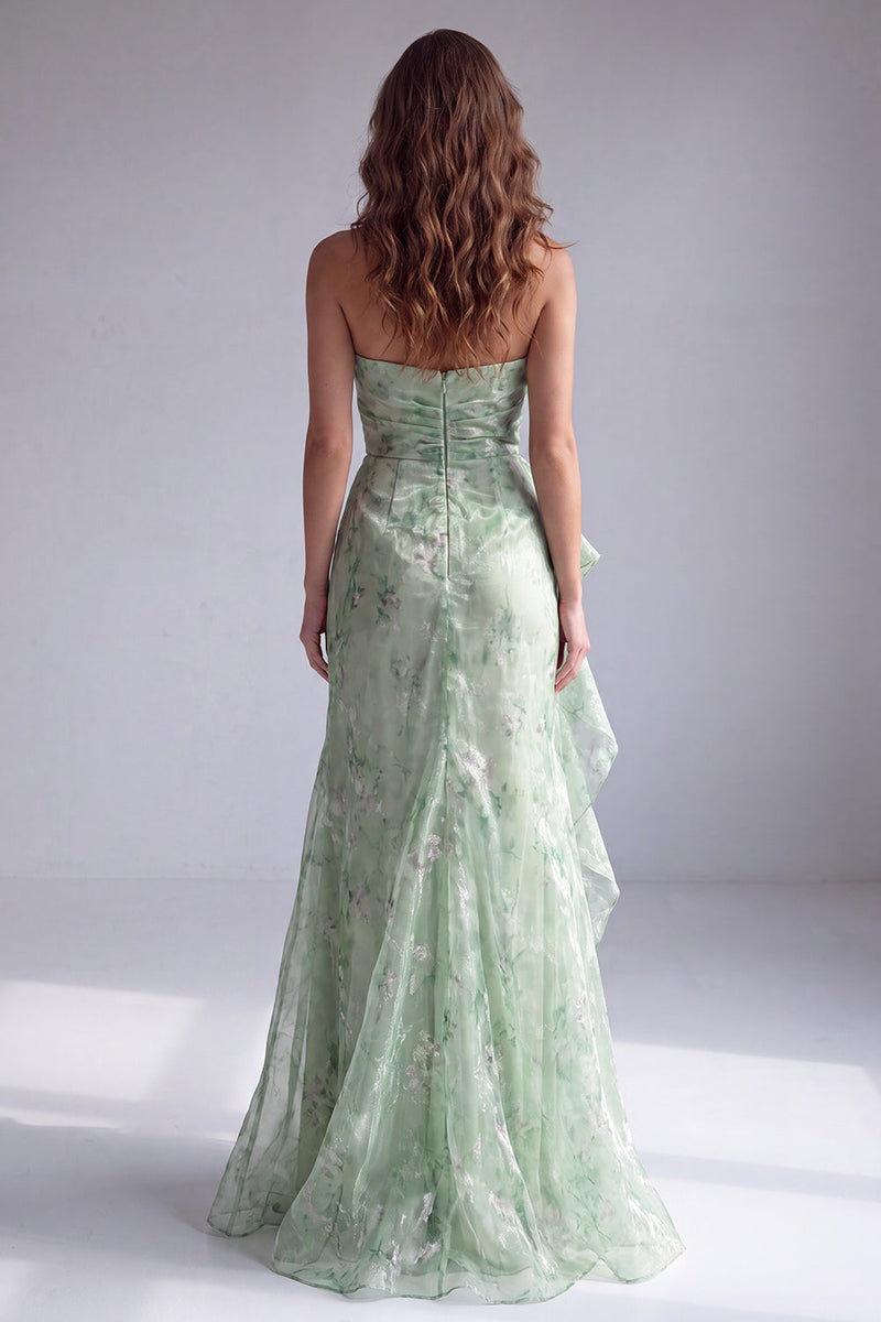 Load image into Gallery viewer, Floral Green Ruffled Mermaid Ruched Strapless Long Formal Dress