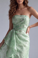 Load image into Gallery viewer, Floral Green Ruffled Mermaid Ruched Strapless Long Formal Dress
