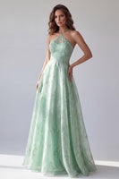 Load image into Gallery viewer, Floral A Line Green Halter Neck Long Formal Dress