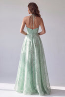 Load image into Gallery viewer, Floral A Line Green Halter Neck Long Formal Dress