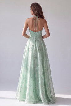 Floral A Line Green Halter Neck Long Formal Dress
