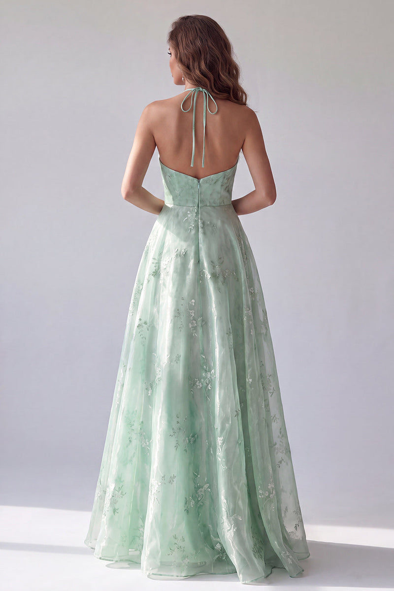 Load image into Gallery viewer, Floral A Line Green Halter Neck Long Formal Dress