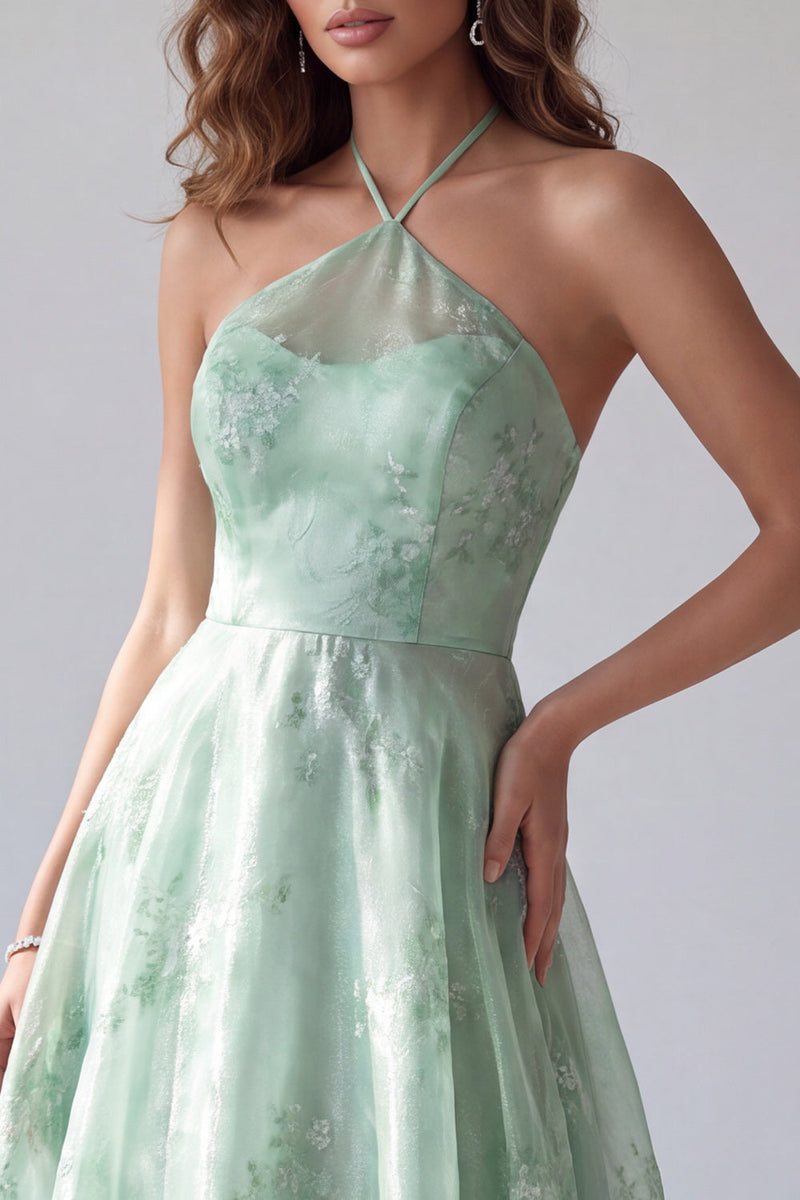Load image into Gallery viewer, Floral A Line Green Halter Neck Long Formal Dress