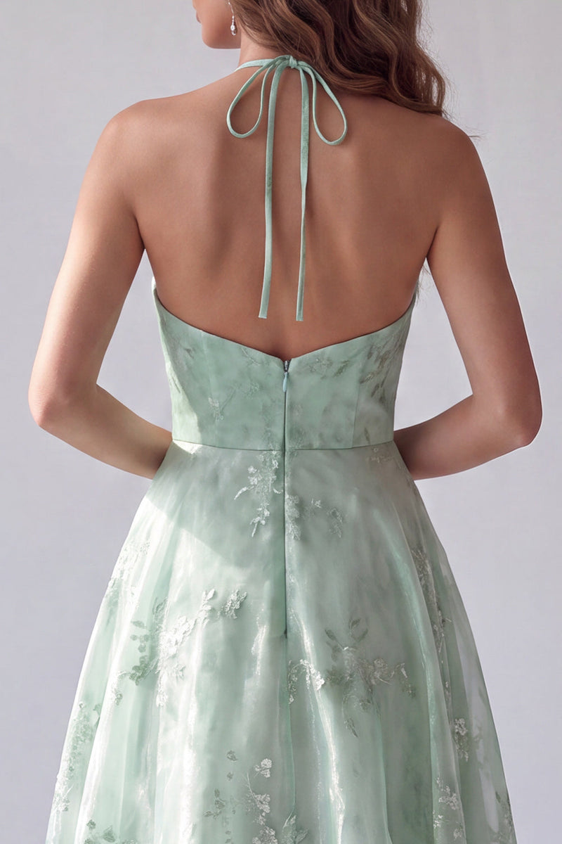 Load image into Gallery viewer, Floral A Line Green Halter Neck Long Formal Dress