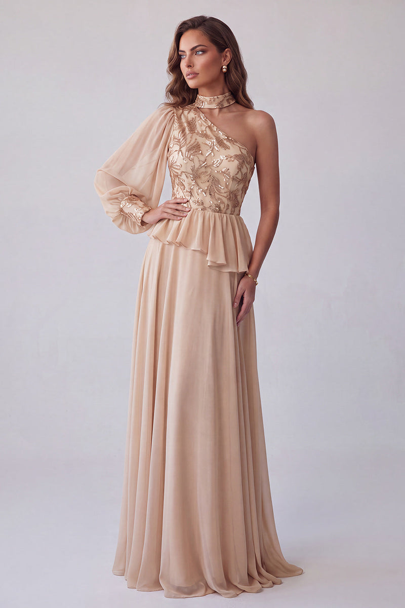 Load image into Gallery viewer, Sparkly A Line Floral Champagne Long Formal Dress with Sequins