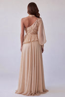 Load image into Gallery viewer, Sparkly A Line Floral Champagne Long Formal Dress with Sequins