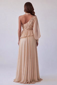 Sparkly A Line Floral Champagne Long Formal Dress with Sequins