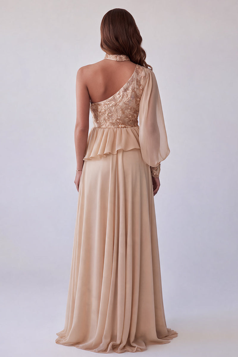 Load image into Gallery viewer, Sparkly A Line Floral Champagne Long Formal Dress with Sequins