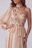Load image into Gallery viewer, Sparkly A Line Floral Champagne Long Formal Dress with Sequins