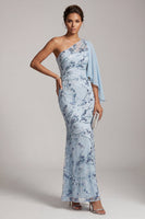 Load image into Gallery viewer, Sky Blue One Shoulder Floral Mermaid Long Mother of the Bride Dress with Side Cape