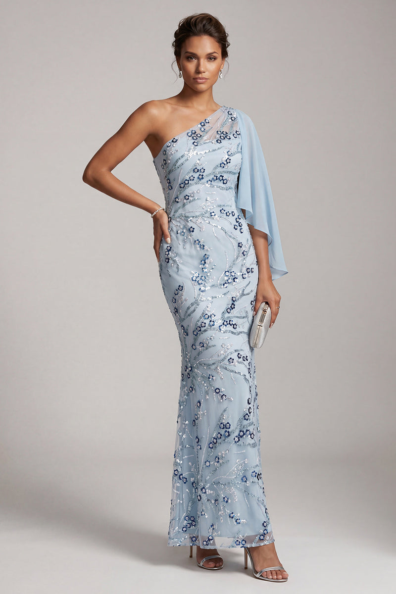 Load image into Gallery viewer, Sky Blue One Shoulder Floral Mermaid Long Mother of the Bride Dress with Side Cape
