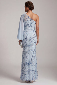 Sky Blue One Shoulder Floral Mermaid Long Mother of the Bride Dress with Side Cape