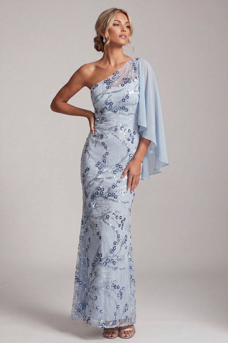 Load image into Gallery viewer, Sky Blue One Shoulder Floral Mermaid Long Mother of the Bride Dress with Side Cape