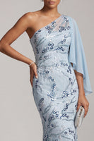 Load image into Gallery viewer, Sky Blue One Shoulder Floral Mermaid Long Mother of the Bride Dress with Side Cape
