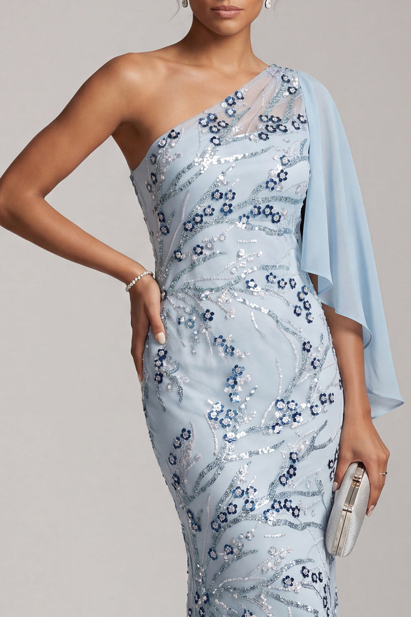 Load image into Gallery viewer, Sky Blue One Shoulder Floral Mermaid Long Mother of the Bride Dress with Side Cape