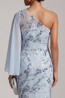 Load image into Gallery viewer, Sky Blue One Shoulder Floral Mermaid Long Mother of the Bride Dress with Side Cape