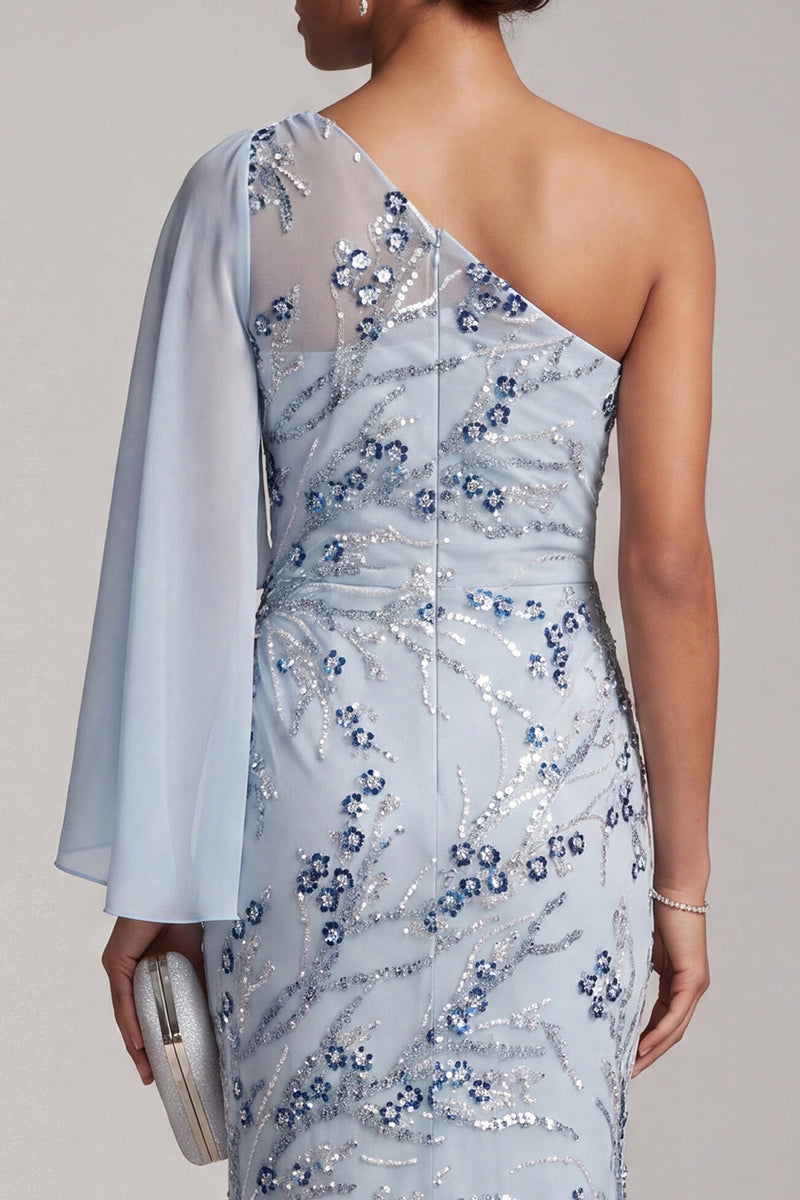 Load image into Gallery viewer, Sky Blue One Shoulder Floral Mermaid Long Mother of the Bride Dress with Side Cape