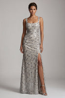 Load image into Gallery viewer, Sparkly Silver Sheath Ruched Square Neck Long Mother of the Bride Dress with Slit