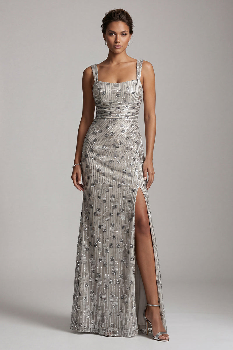 Load image into Gallery viewer, Sparkly Silver Sheath Ruched Square Neck Long Mother of the Bride Dress with Slit