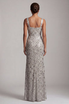 Sparkly Silver Sheath Ruched Square Neck Long Mother of the Bride Dress with Slit