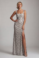 Load image into Gallery viewer, Sparkly Silver Sheath Ruched Square Neck Long Mother of the Bride Dress with Slit