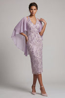 Load image into Gallery viewer, Spakly Lilac Pencil Halter Beaded Floral Midi Mother of the Bride Dress with Cape