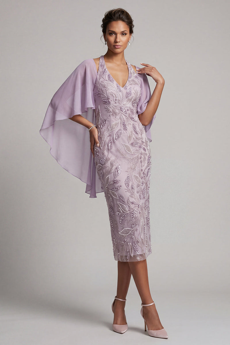 Load image into Gallery viewer, Spakly Lilac Pencil Halter Beaded Floral Midi Mother of the Bride Dress with Cape