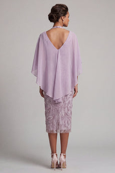 Spakly Lilac Pencil Halter Beaded Floral Midi Mother of the Bride Dress with Cape