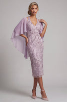 Load image into Gallery viewer, Spakly Lilac Pencil Halter Beaded Floral Midi Mother of the Bride Dress with Cape