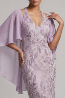 Load image into Gallery viewer, Spakly Lilac Pencil Halter Beaded Floral Midi Mother of the Bride Dress with Cape