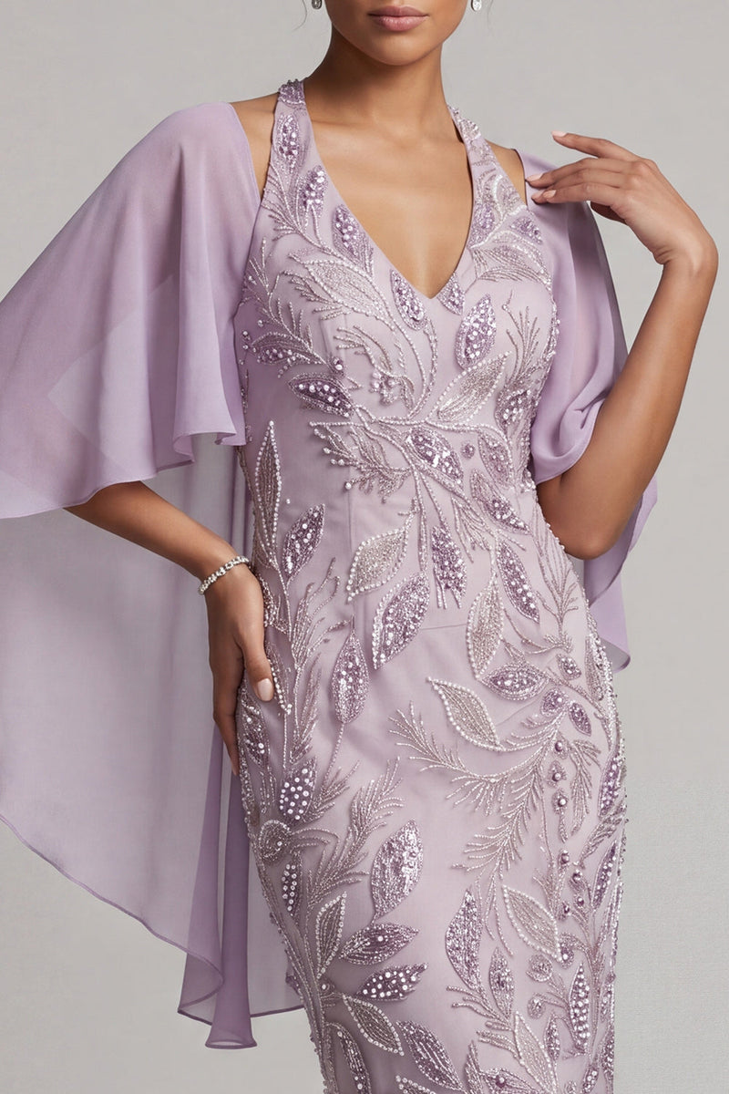 Load image into Gallery viewer, Spakly Lilac Pencil Halter Beaded Floral Midi Mother of the Bride Dress with Cape