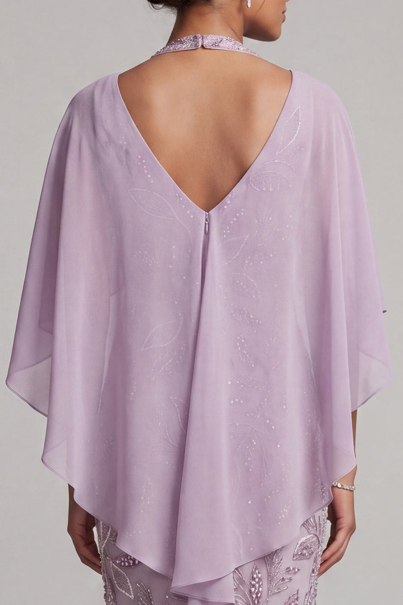 Load image into Gallery viewer, Spakly Lilac Pencil Halter Beaded Floral Midi Mother of the Bride Dress with Cape