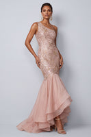 Load image into Gallery viewer, Pink Mermaid Sequins One Shoulder Tiered Long Mother of the Bride Dress