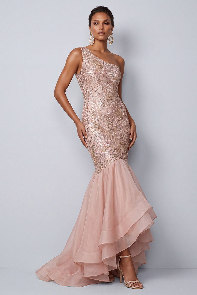 Load image into Gallery viewer, Pink Mermaid Sequins One Shoulder Tiered Long Mother of the Bride Dress