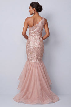 Pink Mermaid Sequins One Shoulder Tiered Long Mother of the Bride Dress