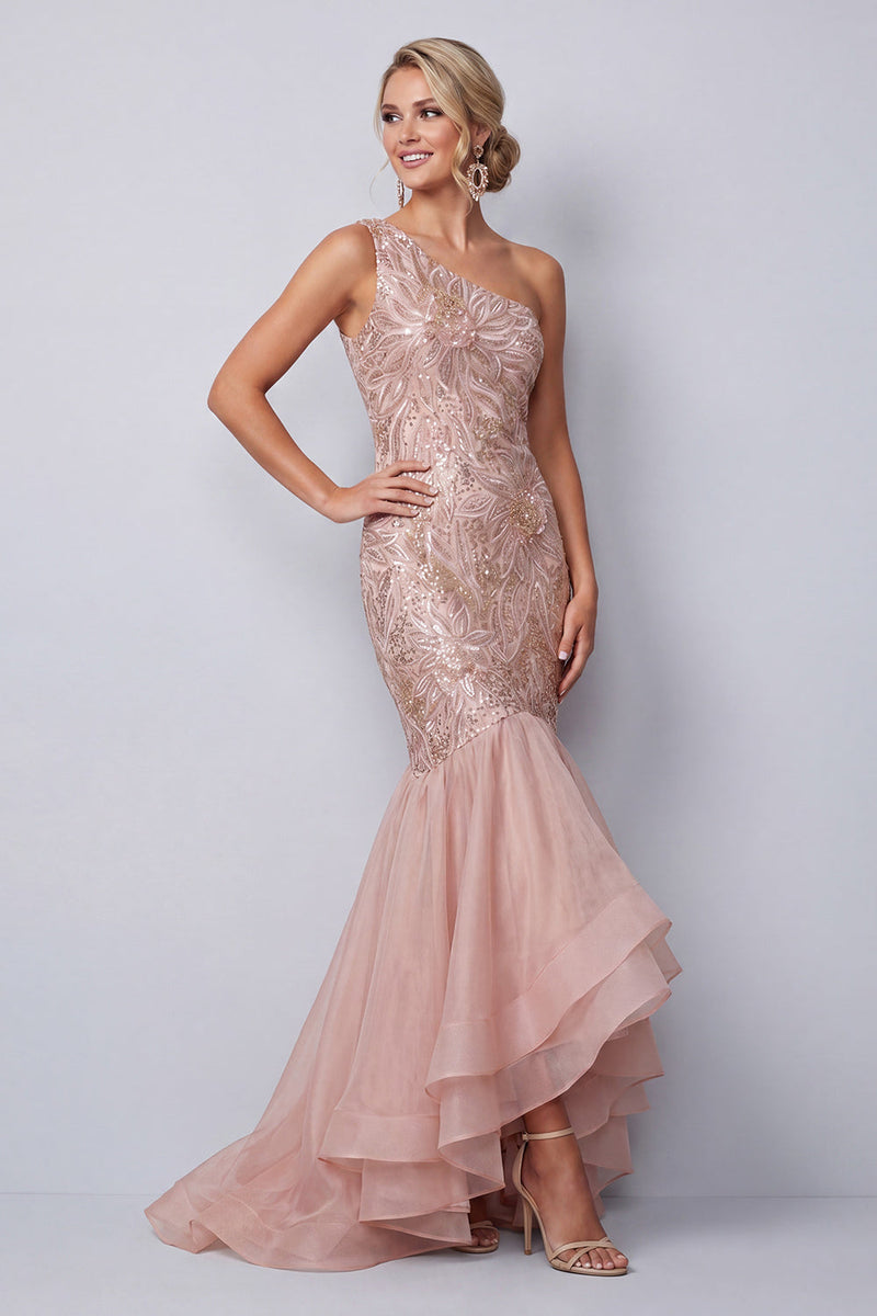 Load image into Gallery viewer, Pink Mermaid Sequins One Shoulder Tiered Long Mother of the Bride Dress