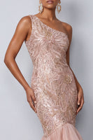 Load image into Gallery viewer, Pink Mermaid Sequins One Shoulder Tiered Long Mother of the Bride Dress