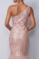 Load image into Gallery viewer, Pink Mermaid Sequins One Shoulder Tiered Long Mother of the Bride Dress