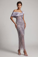 Load image into Gallery viewer, Sparkly Lilac Beaded Asymmetrical Neck Sheath Long Mother of the Bride Dress
