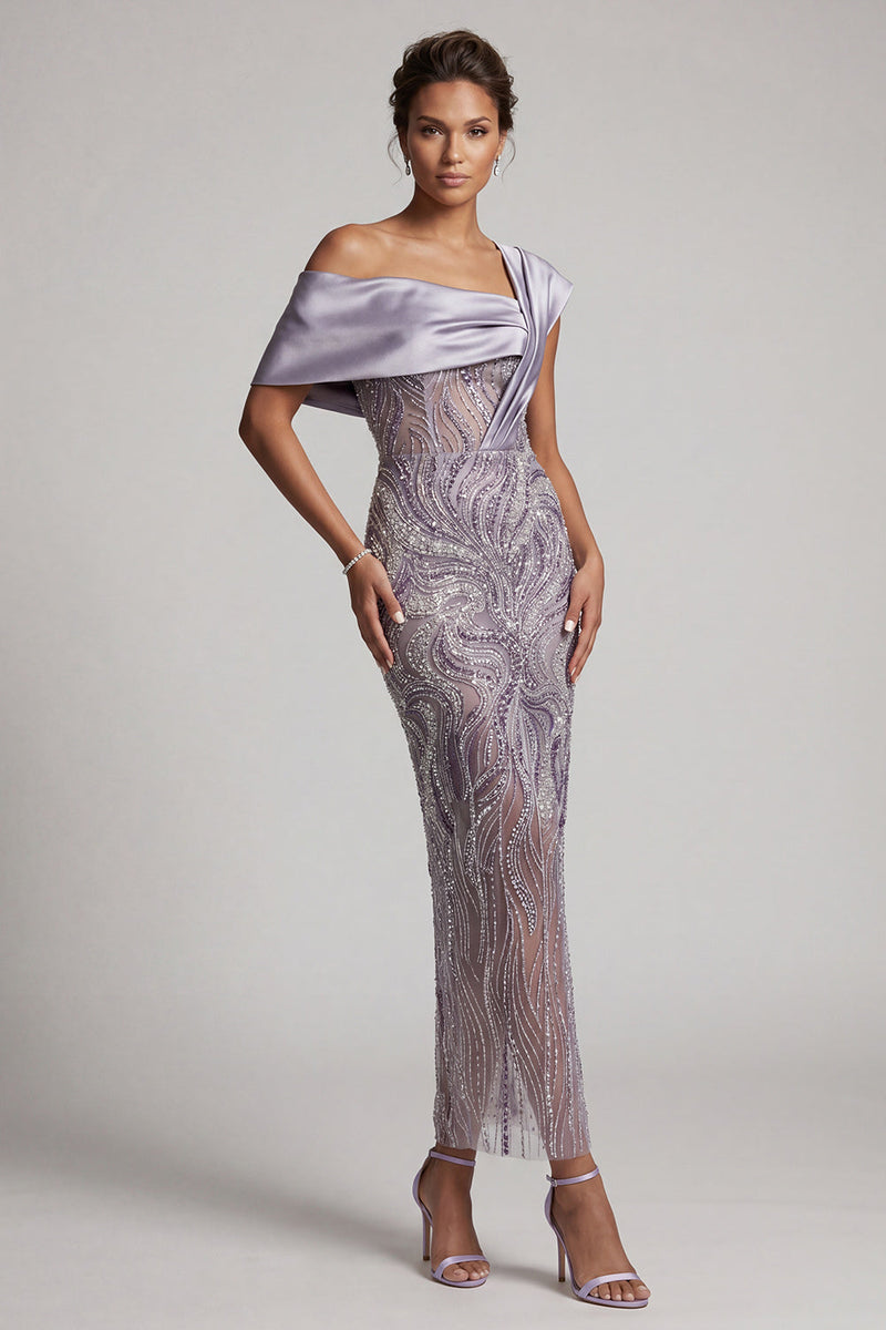 Load image into Gallery viewer, Sparkly Lilac Beaded Asymmetrical Neck Sheath Long Mother of the Bride Dress