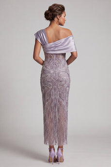 Sparkly Lilac Beaded Asymmetrical Neck Sheath Long Mother of the Bride Dress